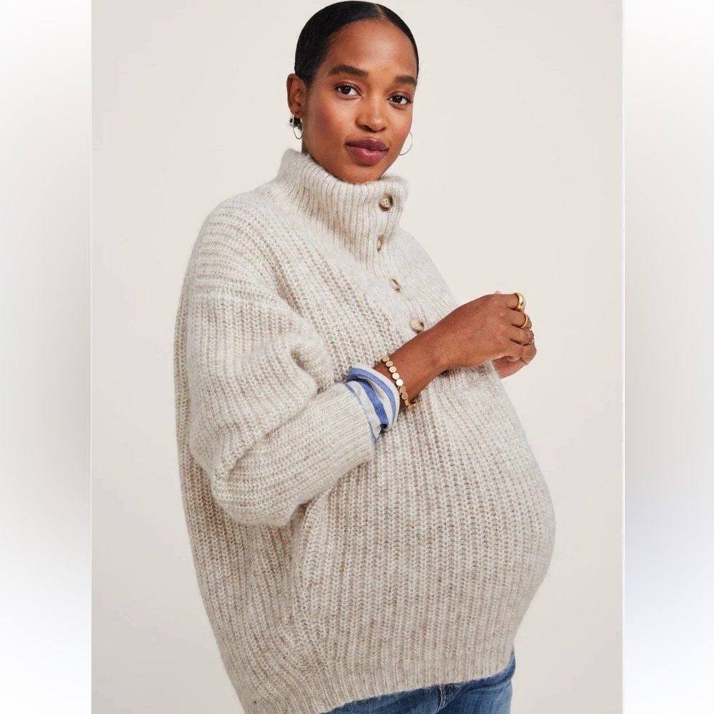 Hatch Jo Sweater Maternity Heavy Knit Henley Cream Tan 0